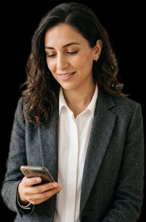 مسؤولة اتصال تقرأ تنبيهًا على هاتفها — صورة توضيحية مولّدة